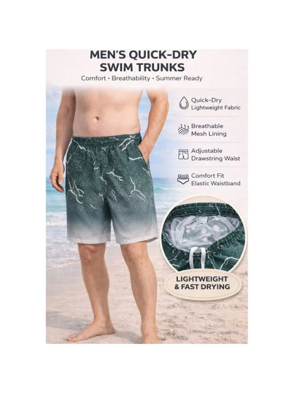 Men's Quick Dry Swim Trunks, Thunder Pattern, P30 - Picture 3 of 4